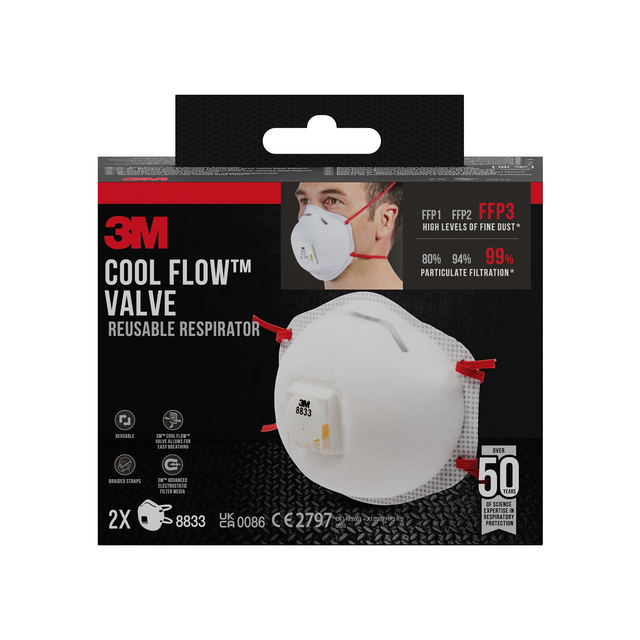 ANDNINGSSKYDD 8833, FFP3, med ventil, 2-pack 8833