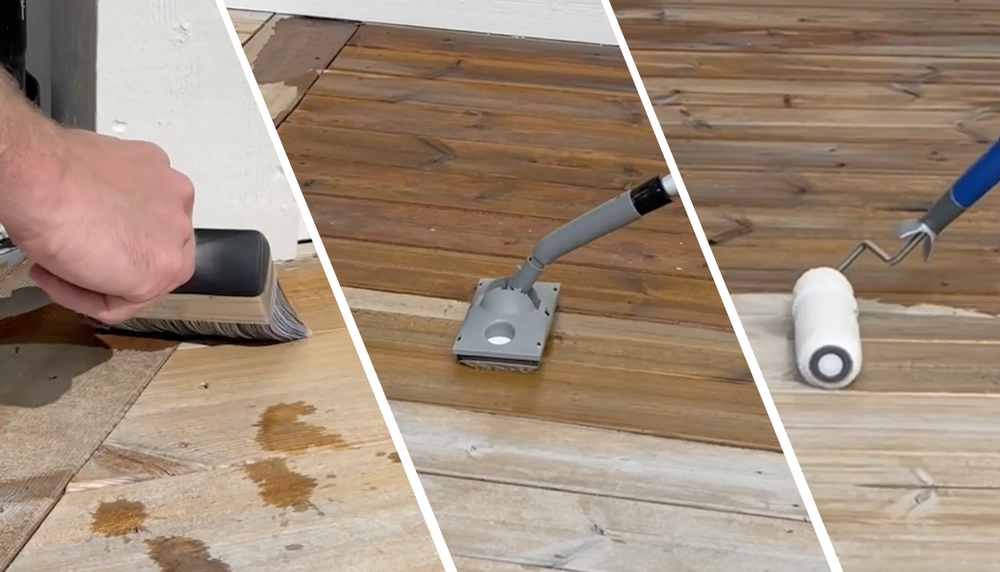 Trätrall behandlas med pensel, dyna och roller