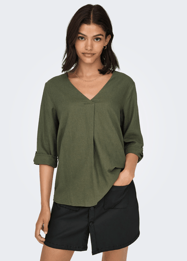 SAY 3/4 LINEN V-NECK TOP SAY 3/4 LINEN V-NECK TOP