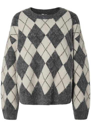 ALVA LS LOOSE O-NECK CHECK KNIT