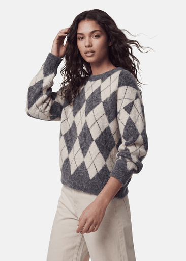 ALVA LS LOOSE O-NECK CHECK KNIT