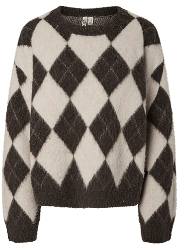 ALVA LS LOOSE O-NECK CHECK KNIT