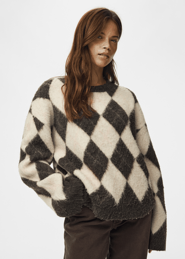 ALVA LS LOOSE O-NECK CHECK KNIT