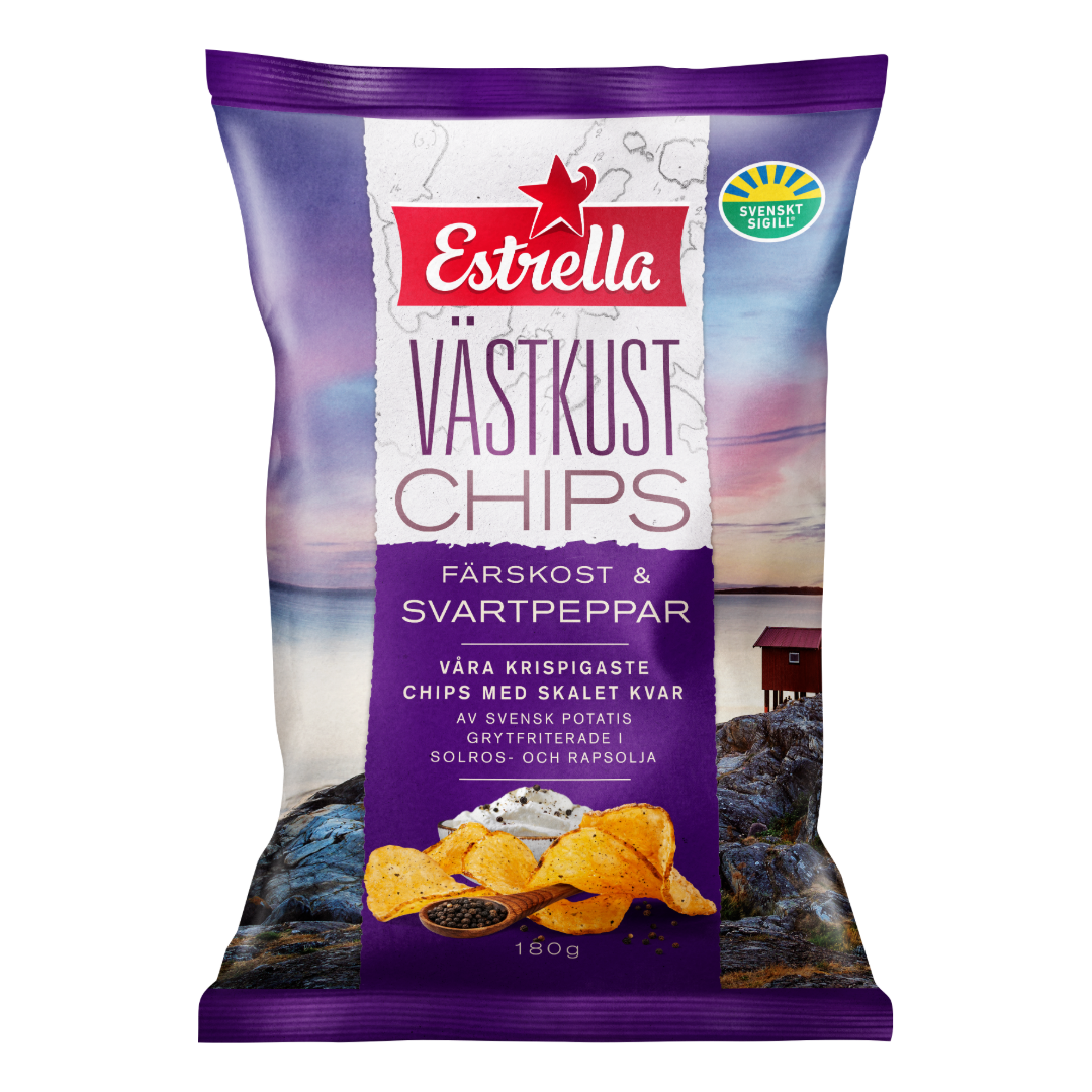 Estrella Västkust Färskost & Peppar 180g | Default Start Page - Alla kategorier - Nyheter - Nyheter 2026 - Snacks - Nyheter 2026 | Gottegrisen