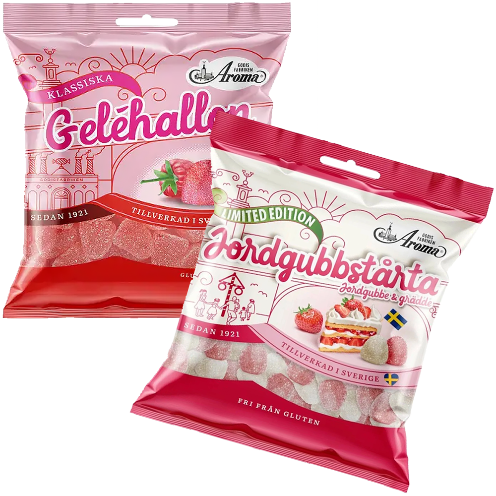 Aroma Jordgubbstårta125g+Geléhallon125g | Default Start Page - Alla kategorier - Godis - Påsar & Stycksaker | Gottegrisen