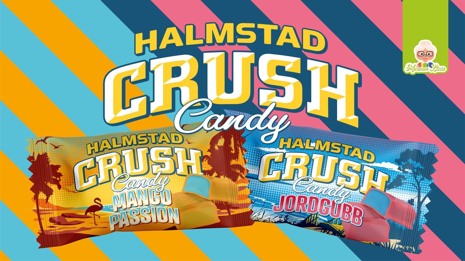 Förpackningarna till Halmstad Crush Candy Mango Passion och Jordgubb