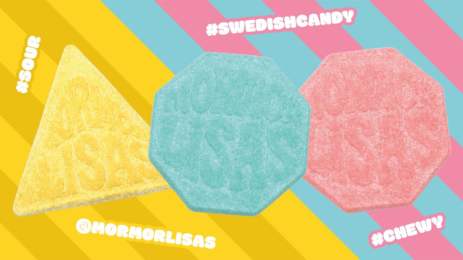 Triangle Sour Lemon och två Badge Sour Fizzy på randig bakgrund
