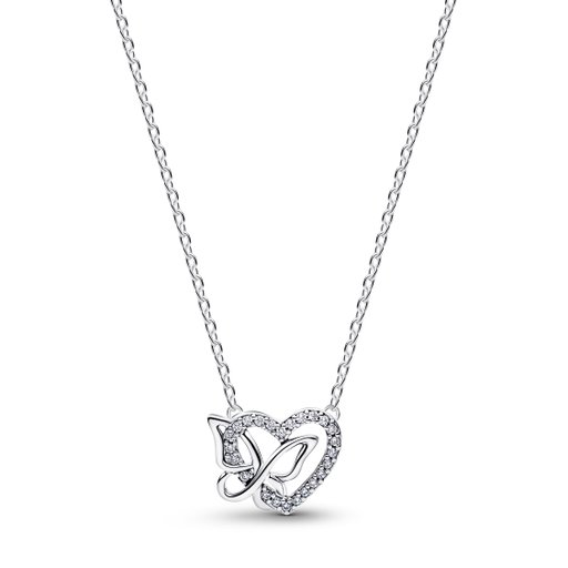 Halsband i äkta silver med hjärta och fjäril