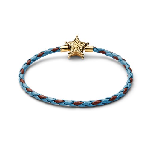 Förgyllt armband med blått läder 17,5 cm