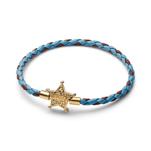 Förgyllt armband med blått läder 17,5 cm