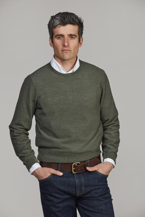 Merino Crew Neck Structure Knit OLIVE GREEN