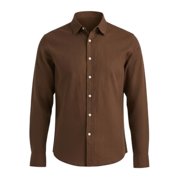 Långärmad linneskjorta – linne & bomull, regular fit Mörkbrun