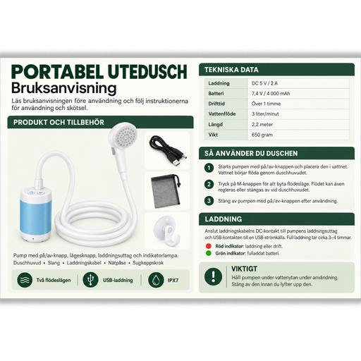Portabel Campingdusch -Uppladdningsbar