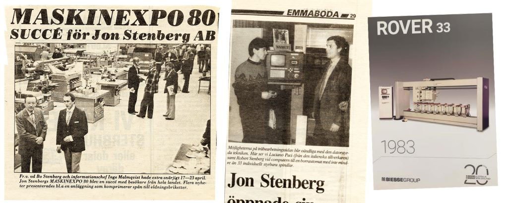 Tidningsklipp från 1980 och 1984, samt framsidan på Biesses folder för nyheten Rover 33.