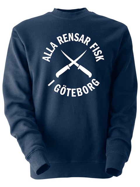 Collegetröja, Marinblå - Alla Rensar Fisk (stor logo)