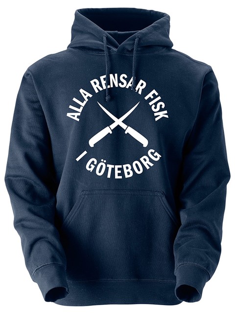 Hoodtröja, Marinblå - Alla Rensar Fisk (stor logo)
