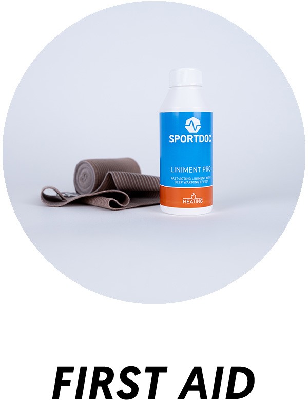 Sports medical equipment – tape, cooling spray, bandages, and bags