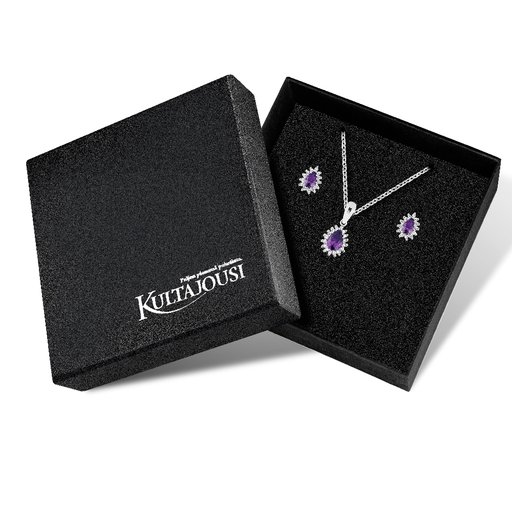 Hopeinen korusetti, violetti pisara