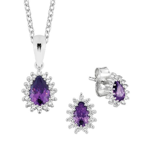 Hopeinen korusetti, violetti pisara
