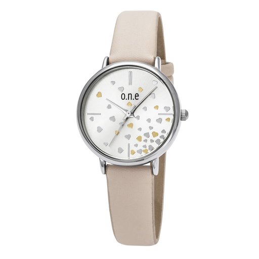 o.n.e hopeanvärinen rannekello, beige ranneke, sydämet
