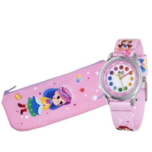 ABC lasten rannekello ja penaali, pinkki princessa
