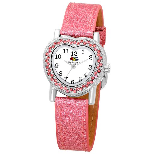 ABC rannekello, sydäntaulu, pinkki glitter