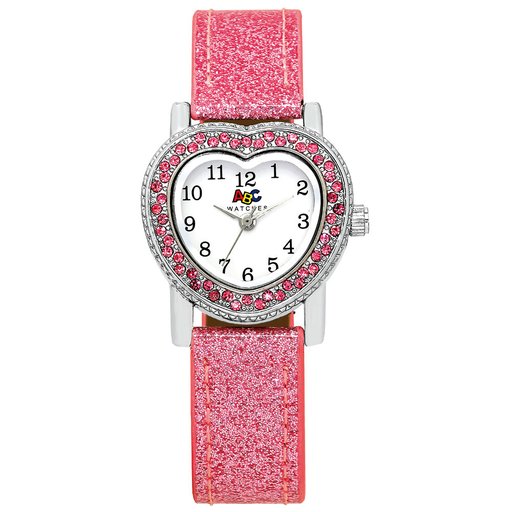 ABC rannekello, sydäntaulu, pinkki glitter