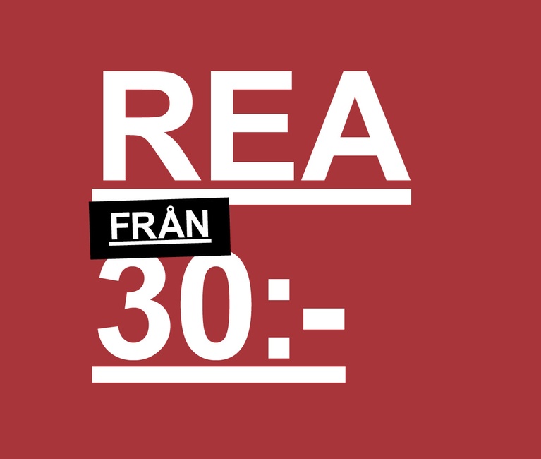 Röd banner med kampanjtexten "Rea från 30:-"