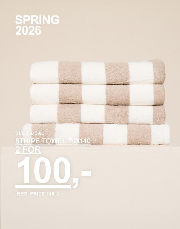 Beige vaffelhåndklæder i størrelse 70x140. Kampagnetekst: 'CLUB DEAL, HANDDUK 70X140, 2 FOR 100,- (NORMALPRIS 140,-)'.