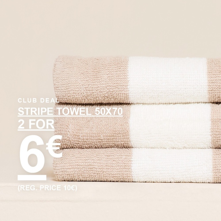 Raidalliset pyyhkeet koossa 70x140. Kampanjateksti: "CLUB DEAL, KÄSIPYYHE 70X140, 2 KPL 12€ (OVH 16€)"