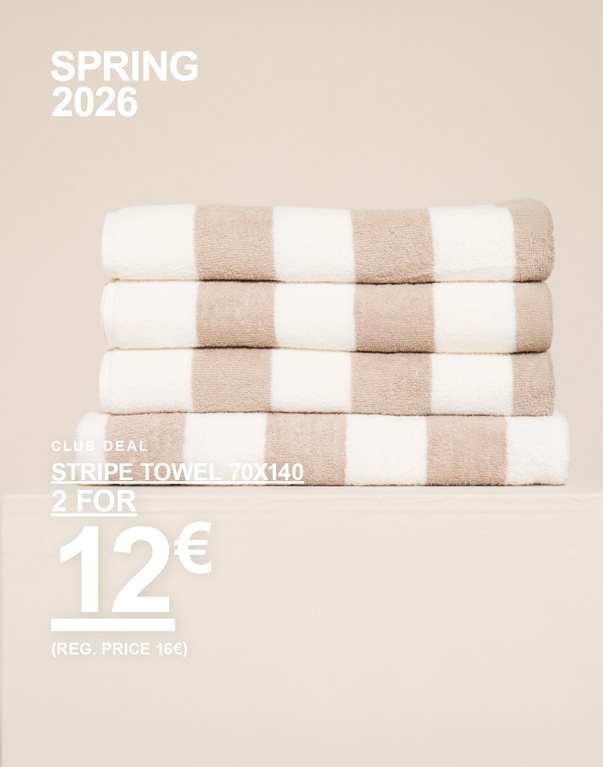 Beige Waffelhandtücher in der Größe 70x140. Kampagnentext: 'CLUB DEAL, HANDDUK 70X140, 2 FÜR 12€ (UVP 16€)'.
