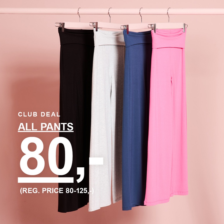 Børnebukser i sort, grå, blå og pink. CLUB DEAL: ALL PANTS 80,- (normalpris 80–125,-).