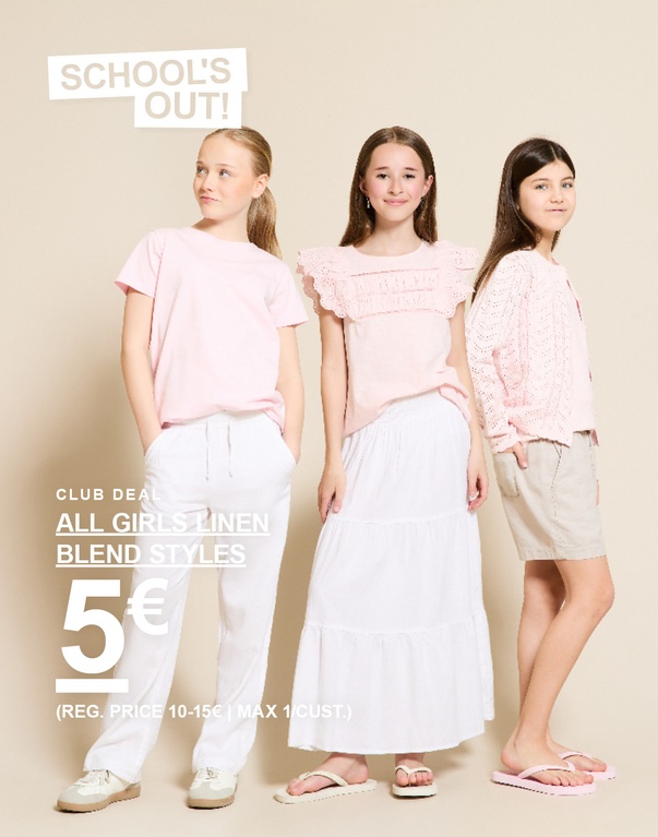 Kolme tyttöä vaaleanpunaisissa ja valkoisissa pellavasekoitevaatteissa vaaleaa taustaa vasten. SCHOOL’S OUT! CLUB DEAL ALL GIRLS LINEN BLEND STYLES 5€ (REG. PRICE 10-15€ | MAX 1/CUST.)