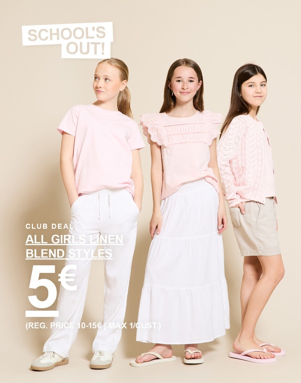 Drei Mädchen in hellrosa und weißen Leinenmix-Kleidungsstücken vor einem hellen Hintergrund. SCHOOL’S OUT! CLUB DEAL ALL GIRLS LINEN BLEND STYLES 5€ (REG. PRICE 10-15€ | MAX 1/CUST.)