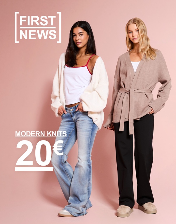 Drei Damen tragen Strickjacken und Strickoberteile. [FIRST NEWS] – MODERN KNITS 20€.