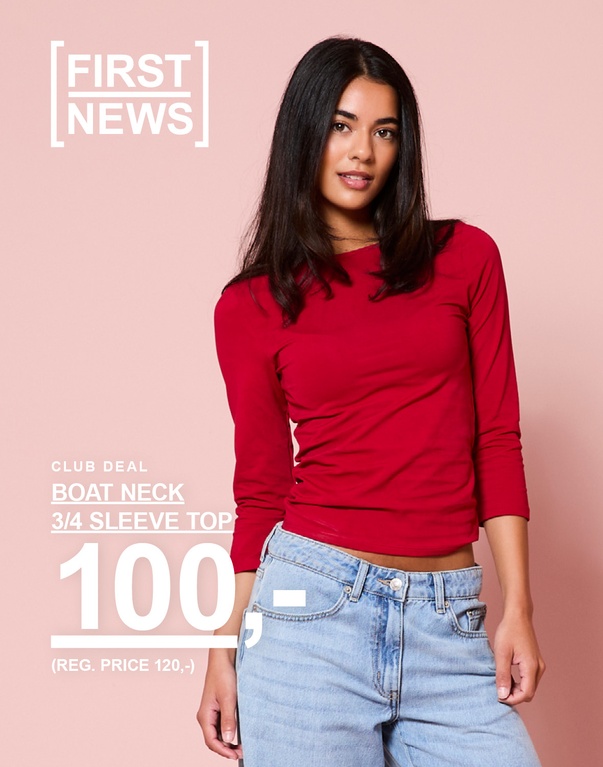 To jenter i en hvit og en rød 3/4-ermet boat neck-topp og lyse jeans. Kampanjetekst: "CLUB DEAL – BOAT NECK 3/4 SLEEVE TOP 100,- (FAST PRIS 120,-)"