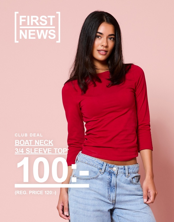 Två tjejer i en vit respektive röd 3/4-ärmad boat neck-topp och ljusa jeans. Kampanjtext: "CLUB DEAL – BOAT NECK 3/4 SLEEVE TOP 100:- (ORD. PRIS 120:-)"