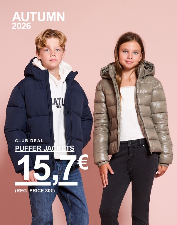 Junge und Mädchen in Pufferjacken. AUTUMN 2026 – CLUB DEAL – PUFFER JACKETS 15,7€ (regulärer Preis 30€).