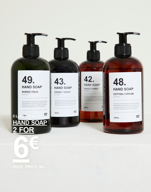 Handseifen in verschiedenen Düften. Kampagnentext: 'CLUB DEAL, HAND SOAP, 2 FÜR 6€ (UVP 8€)'.