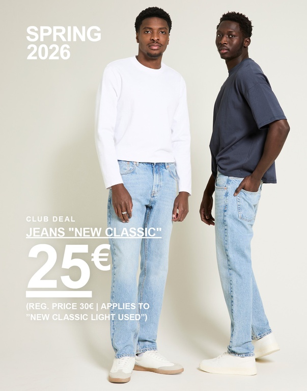 Jeans “New Classic” – Club Deal 25€ (Reg. price 30€ | Applies to “New Classic Light Used”), vaaleansiniset farkut kahdella mallilla.