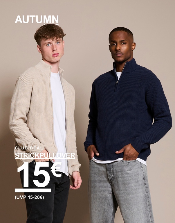 Zwei Männer in Strickpullovern, einer beige und einer dunkelblau. Text: Club Deal Strickpullover 15 € (UVP 15–20 €).
