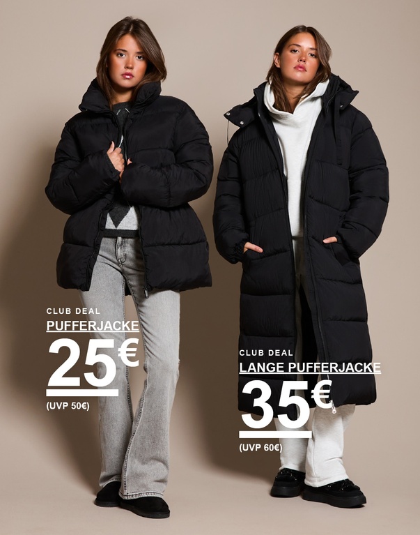 Zwei Mädchen in schwarzen Steppjacken – eine in kurzer und eine in langer Ausführung. Kampagnentext: „CLUB DEAL, STEPPJACKE 25 € (UVP 50 €)“ und „CLUB DEAL, LANGE STEPPJACKE 35 € (UVP 60 €)“.