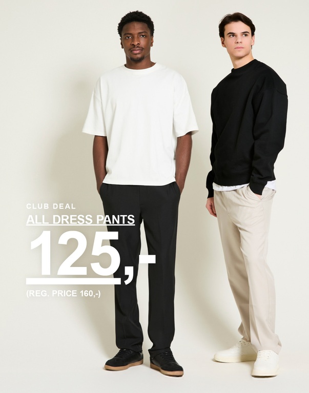 To mænd i dress pants – sorte og beige bukser stylet med t-shirt og sweatshirt mod lys baggrund. Club deal all dress pants 125,- (reg. price 160,-)
