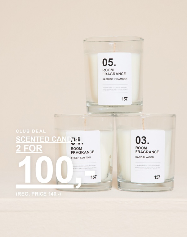 Duftlys i glas. Kampagnetekst: 'CLUB DEAL, SCENTED CANDLE, 2 FOR 80,- (NORMALPRIS 140,-)'.