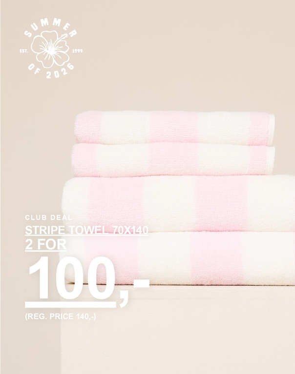 Beige vaffelhåndklæder i størrelse 70x140. Kampagnetekst: 'CLUB DEAL, HANDDUK 70X140, 2 FOR 100,- (NORMALPRIS 140,-)'.