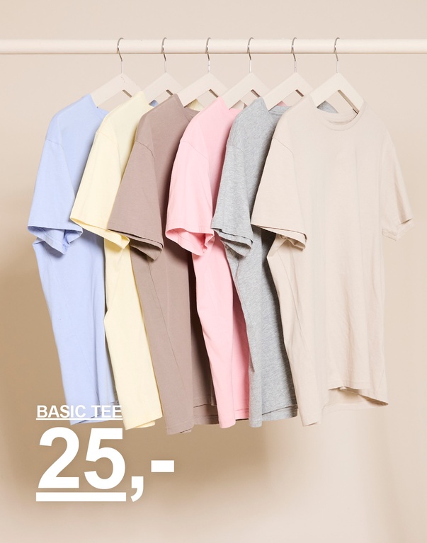 Sex enfärgade T-shirts i lyseblå, gul, beige, lyserød, grå og råhvid hængende på bøjler mod en lys baggrund. BASIC TEE 25,-