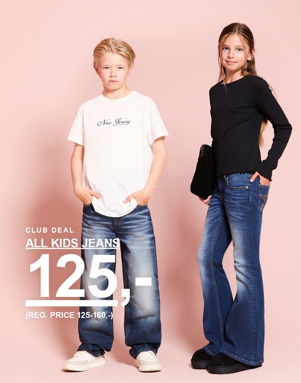 To børn har jeans på fra Back to School-kollektionen. Club Deal: alle børnejeans 125 kr. Normalpris: 125–160 kr.
