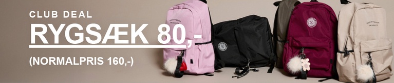 Fem rygsække i forskellige farver – lyserød, sort, bordeaux, beige og kaki – med fluffy nøgleringe. Kampagnetekst: 'RYGSÆK 80,- (NORMALPRIS 160,-)'.