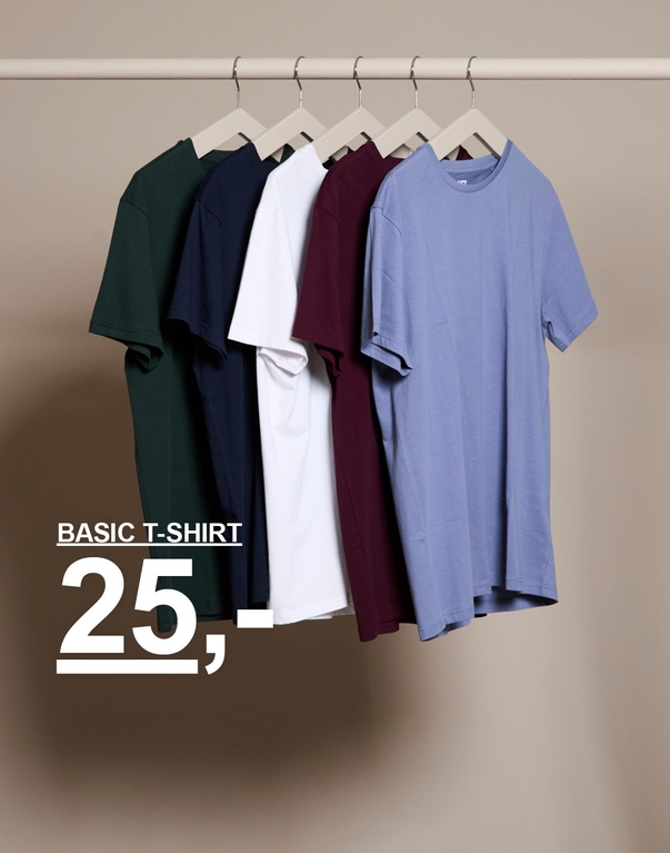 Udvalg af basic T-shirts i grøn, navy, hvid, bordeaux og blå. Kampagnetekst: "BASIC T-SHIRT 25,-"