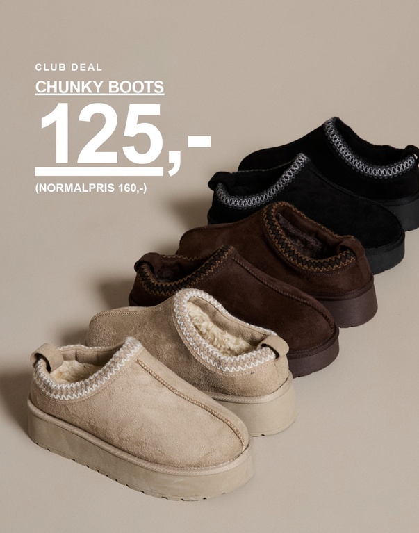 Tre par chunky støvler i beige, mørkebrun og sort med dekorative syninger. Kampagnetekst: "CLUB DEAL, CHUNKY BOOTS 125,- (NORMALPRIS 160,-)".